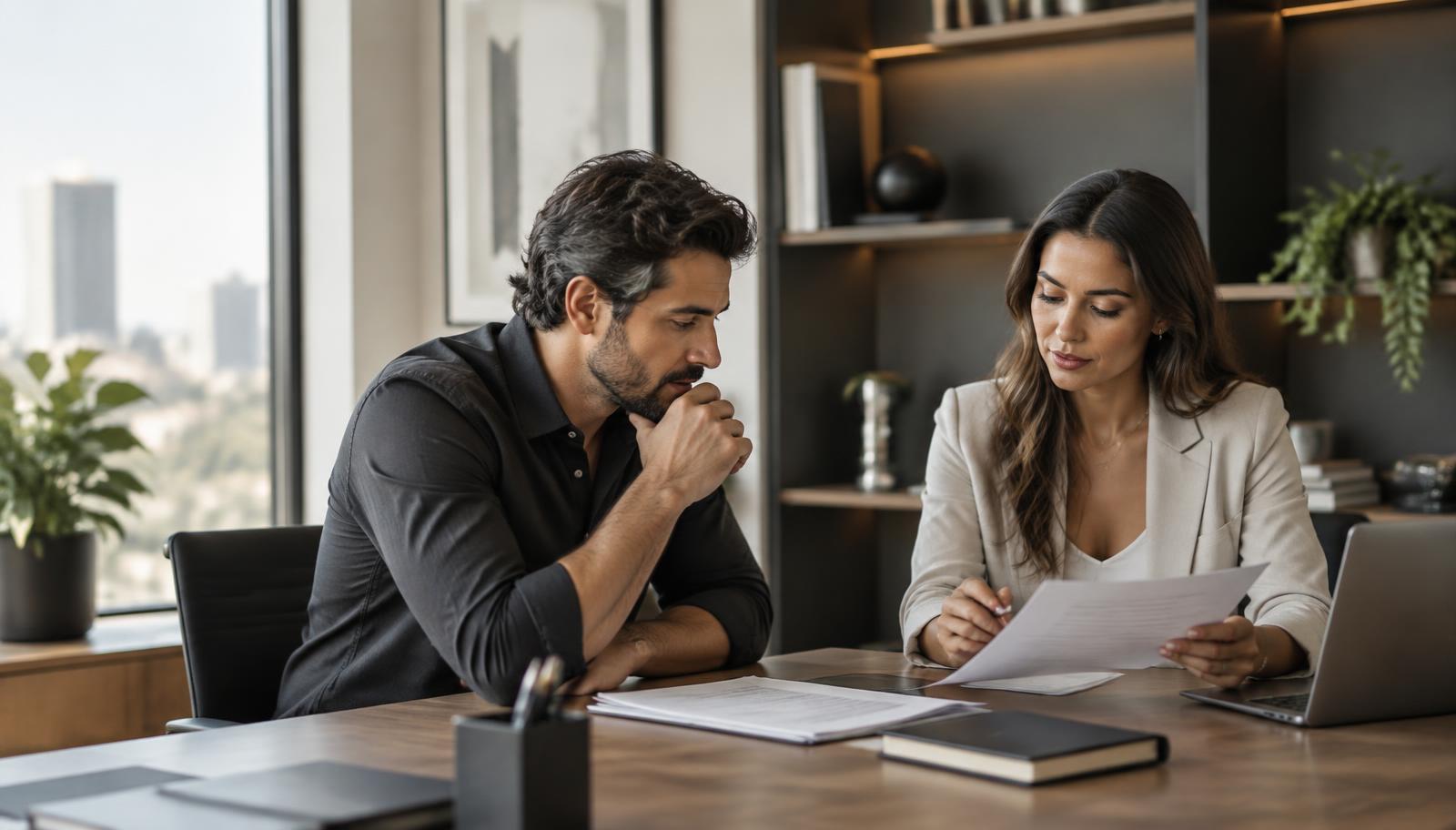 Empresário e assessora conversando sobre a rotina da empresa