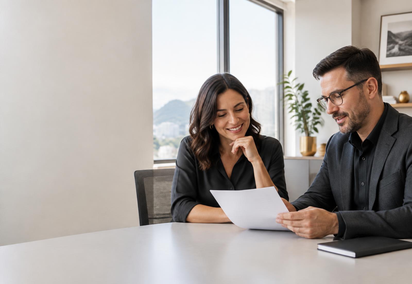 Empresária e assessor analisando documentos em um escritório